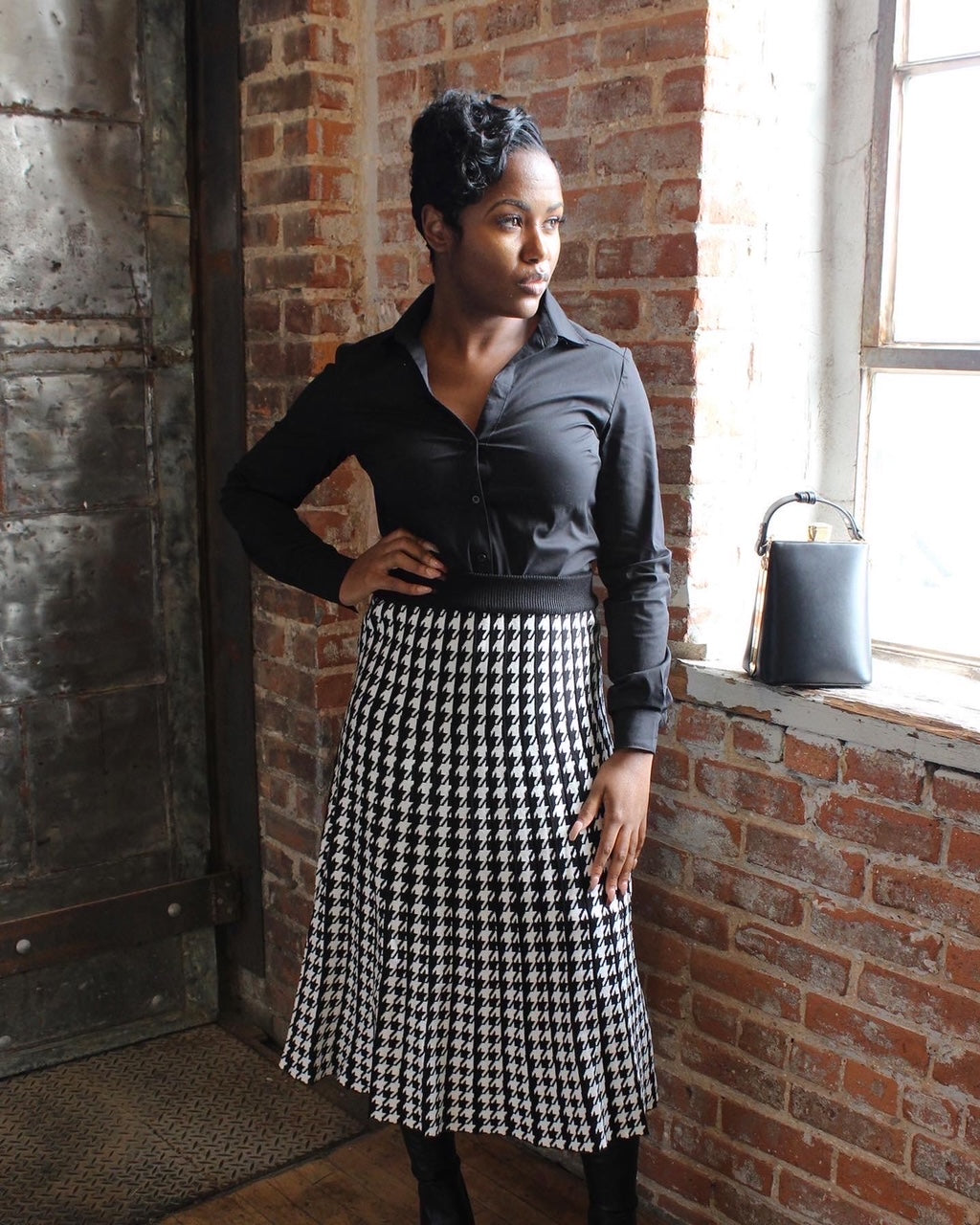 Black and white houndstooth skirt clearance outfit